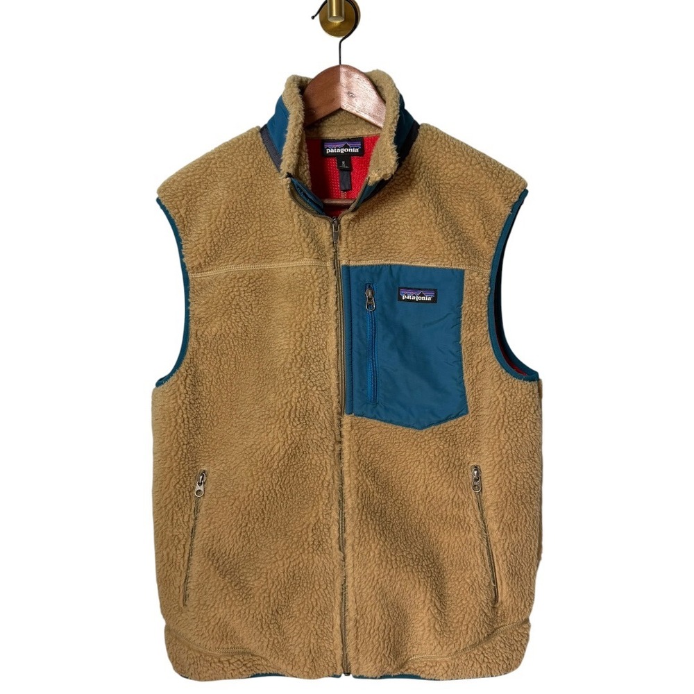 Vtg Patagonia Retro-X Deep Pile Fleece Vest Men Medium Oatmeal Blue USA Made